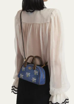 Valentino GaravaniFloral-Embroidered Denim VLogo Top-Handle Bag
