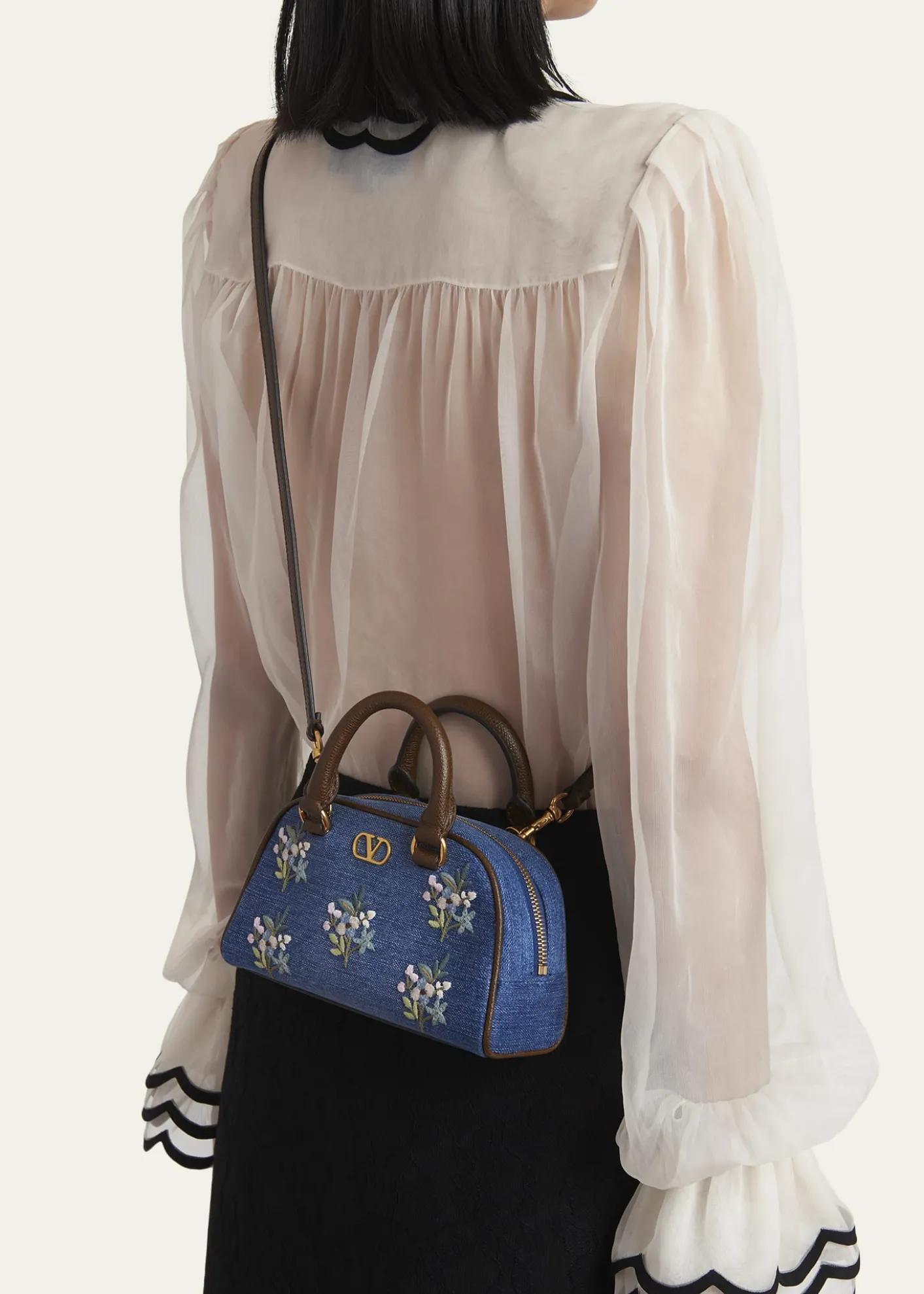 Valentino GaravaniFloral-Embroidered Denim VLogo Top-Handle Bag