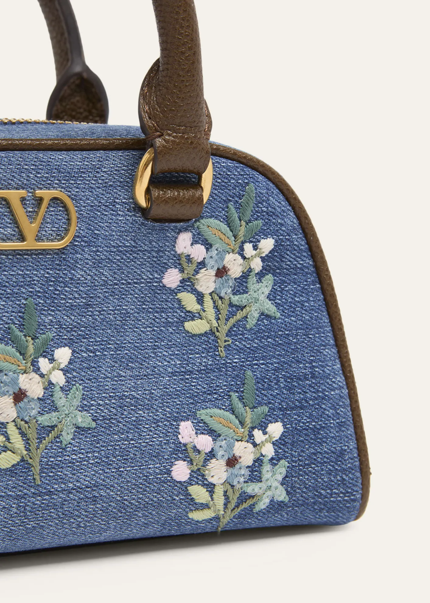 Valentino GaravaniFloral-Embroidered Denim VLogo Top-Handle Bag