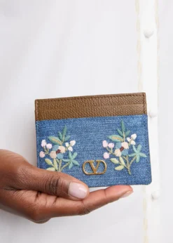 Valentino GaravaniFloral-Embroidered Denim & Leather Card Holder