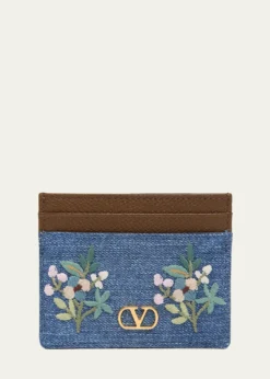 Valentino GaravaniFloral-Embroidered Denim & Leather Card Holder