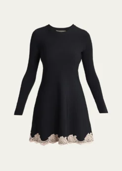 Valentino GaravaniLace-Trim Long-Sleeve Knit Mini Dress