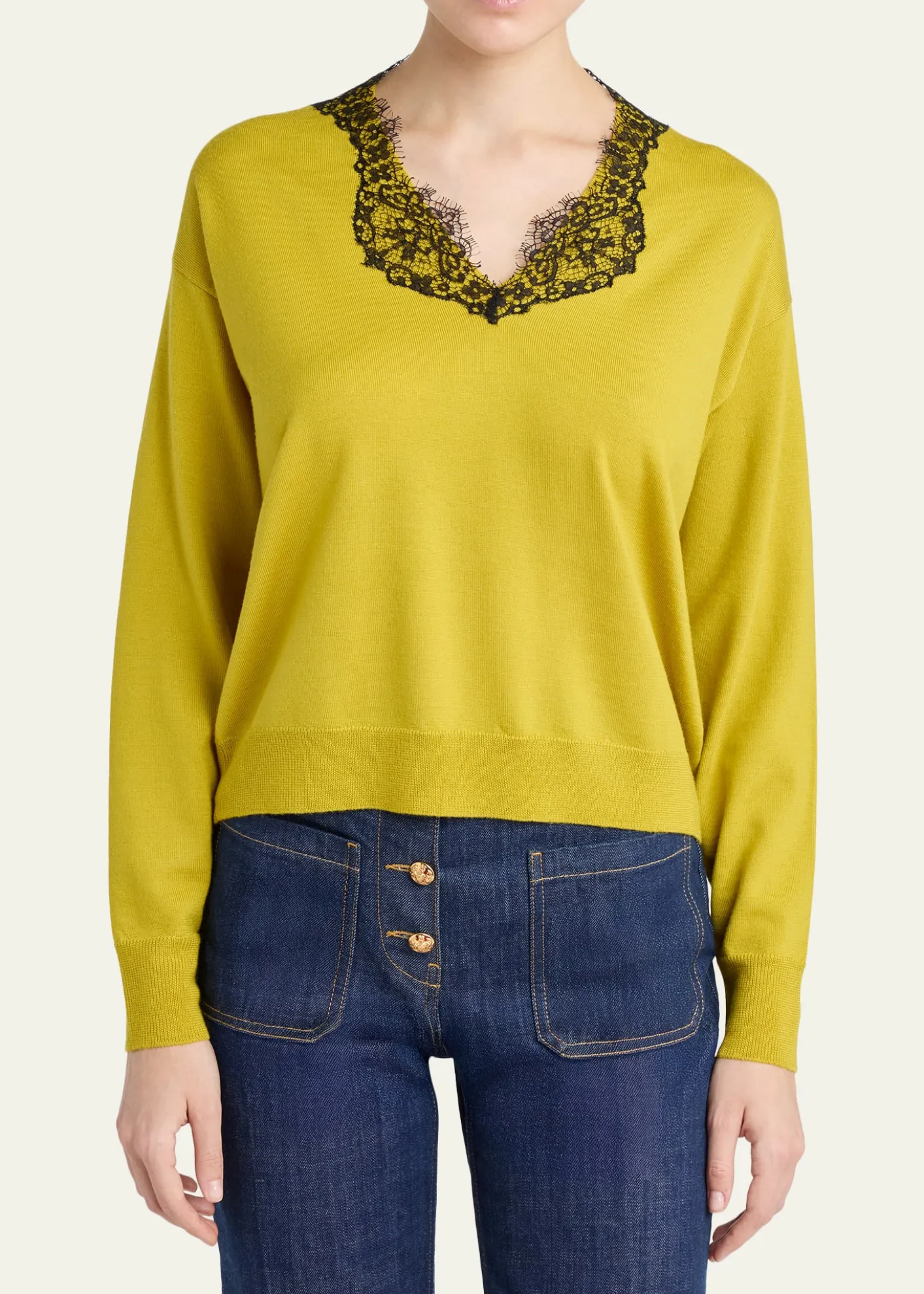 Valentino GaravaniLace-Trim V-Neck Cashmere Sweater