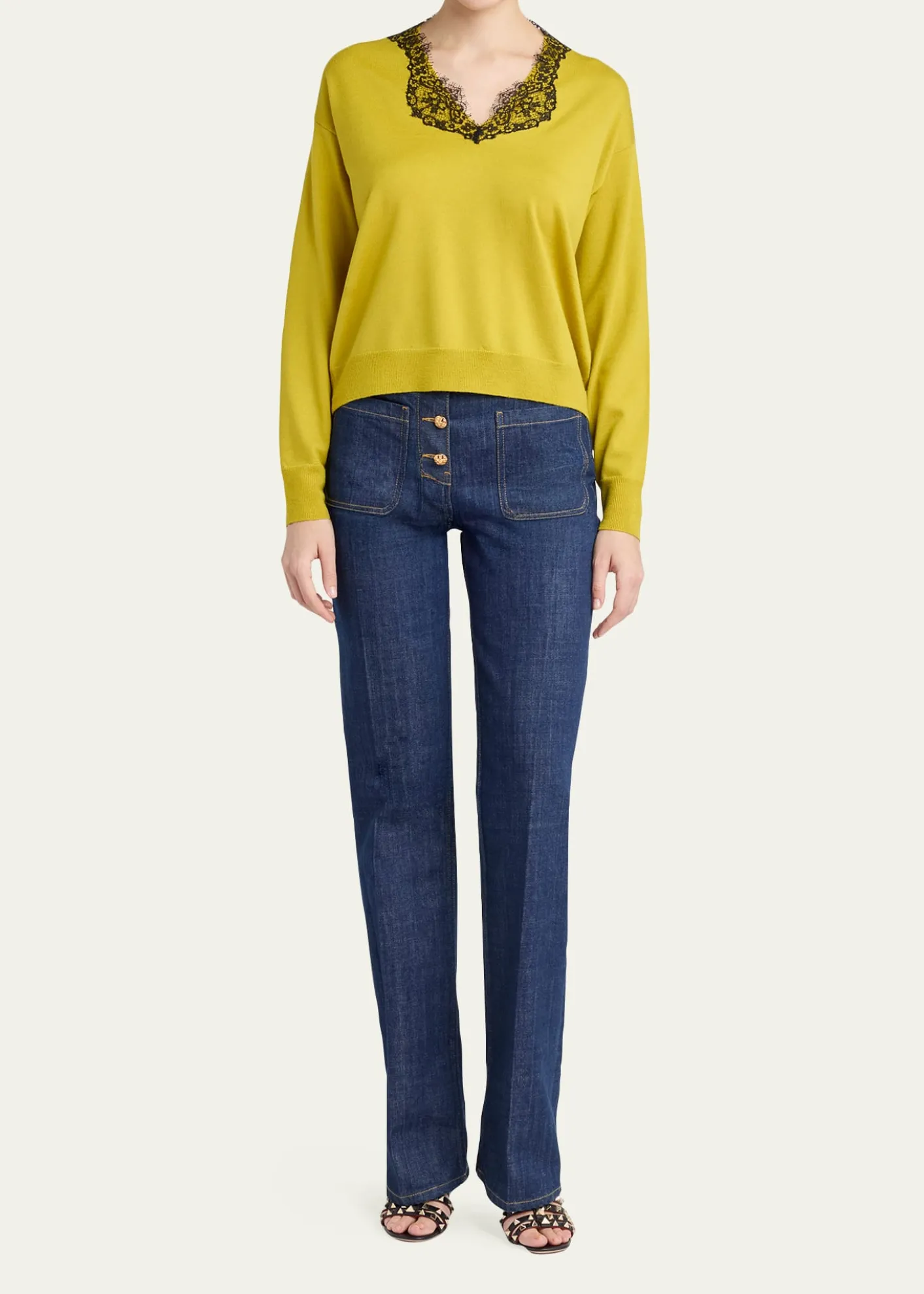Valentino GaravaniLace-Trim V-Neck Cashmere Sweater