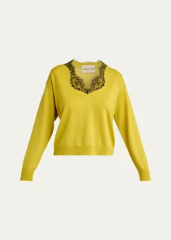 Valentino GaravaniLace-Trim V-Neck Cashmere Sweater
