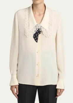 Valentino GaravaniLace-Trim Button-Down Silk Blouse With Polkadot Tie