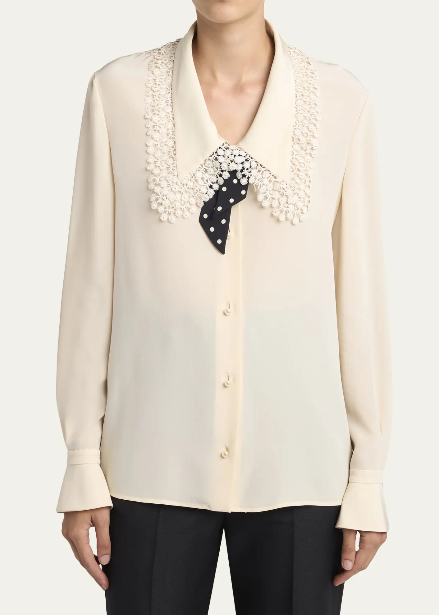 Valentino GaravaniLace-Trim Button-Down Silk Blouse With Polkadot Tie