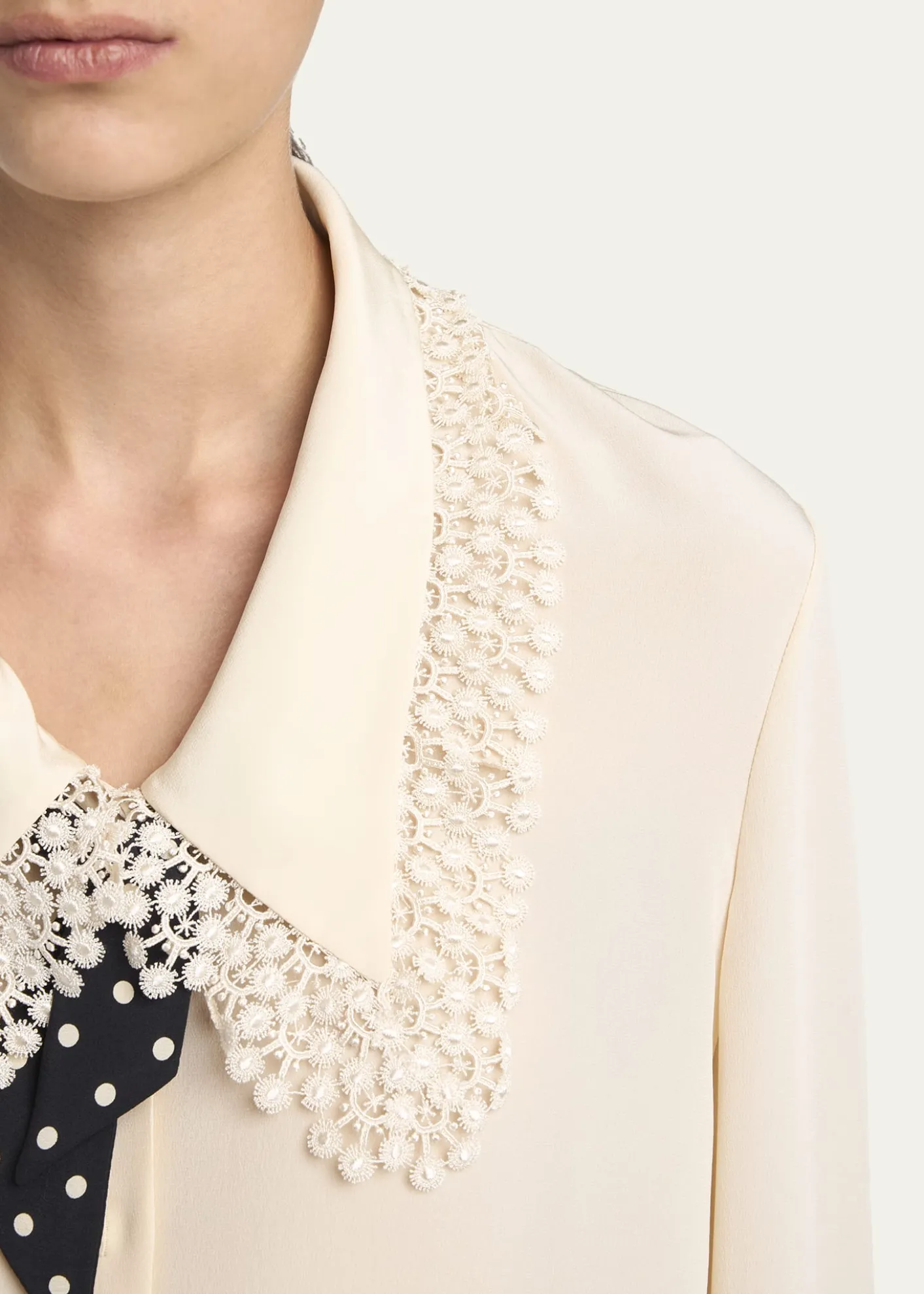 Valentino GaravaniLace-Trim Button-Down Silk Blouse With Polkadot Tie