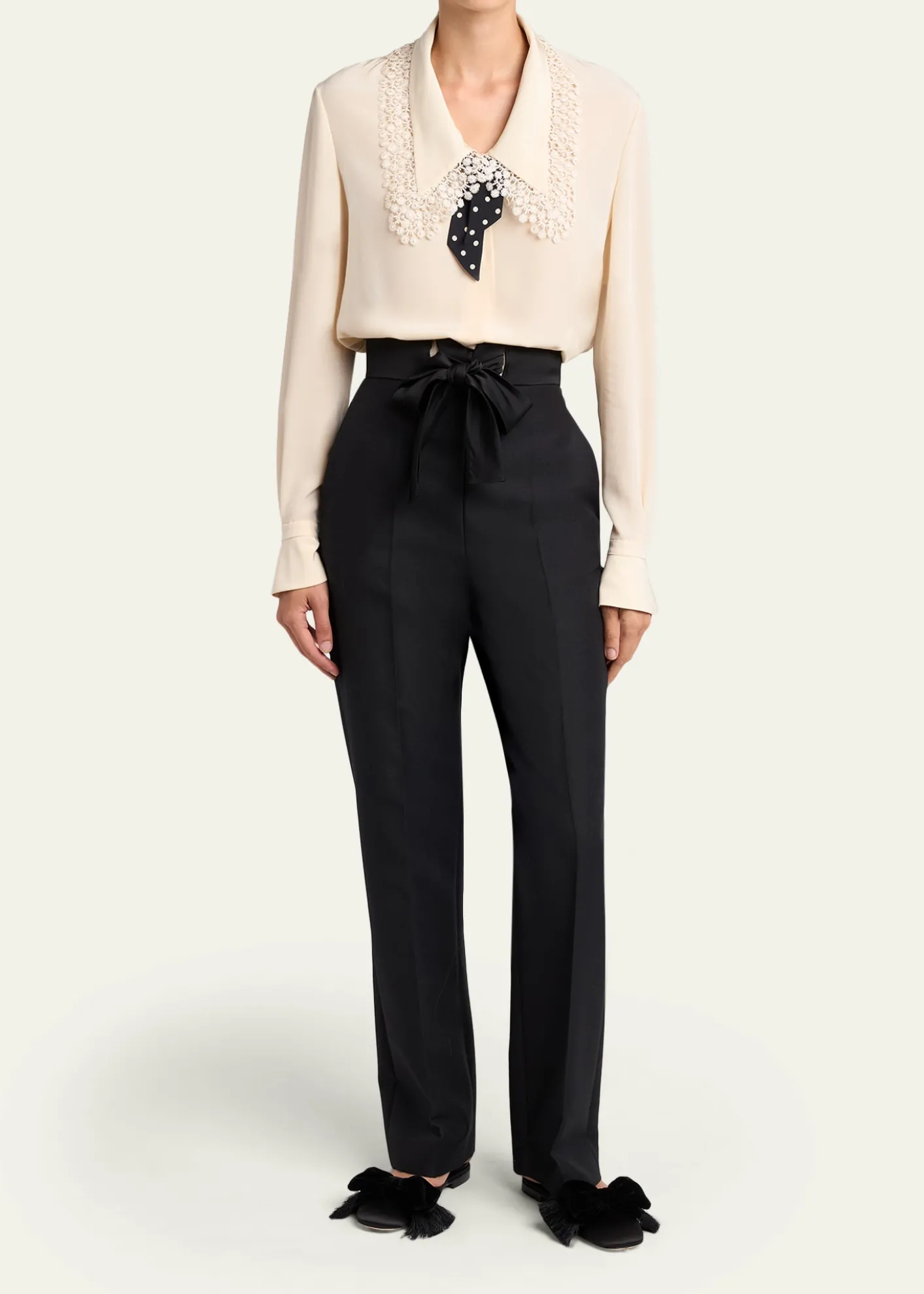 Valentino GaravaniLace-Trim Button-Down Silk Blouse With Polkadot Tie