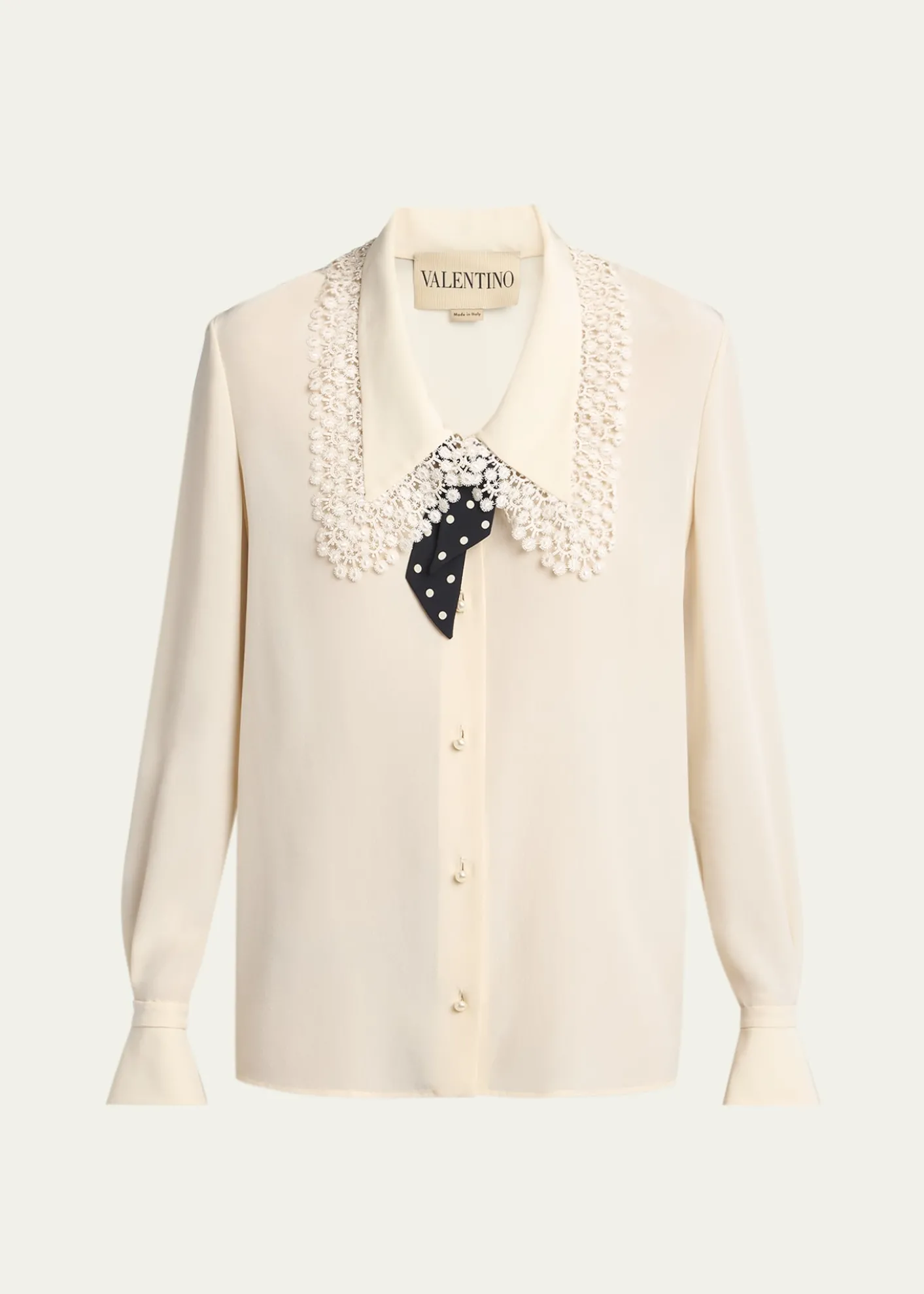 Valentino GaravaniLace-Trim Button-Down Silk Blouse With Polkadot Tie