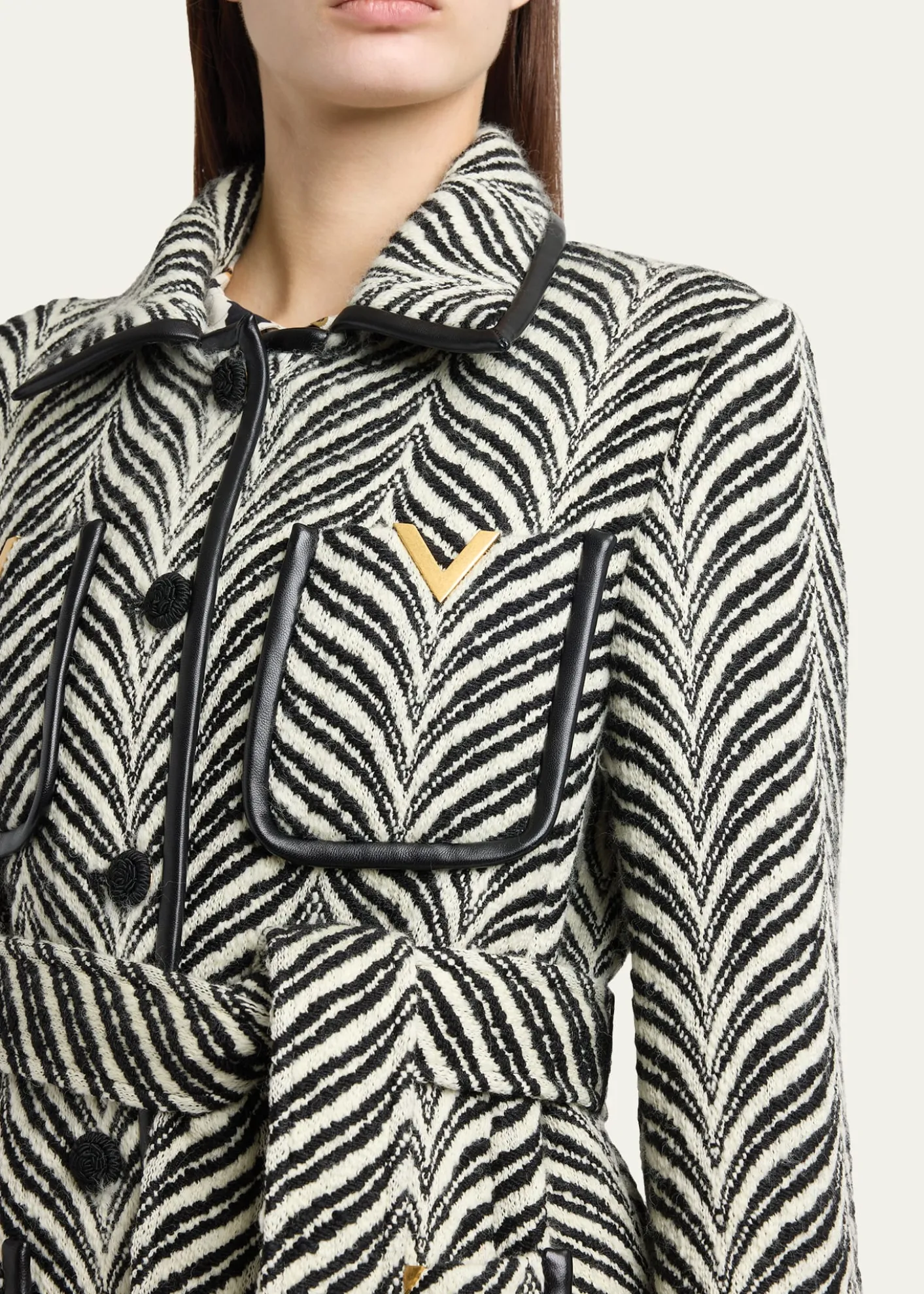 Valentino GaravaniLamb Shearling Cuff Belted Herringbone Coat