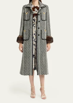Valentino GaravaniLamb Shearling Cuff Belted Herringbone Coat