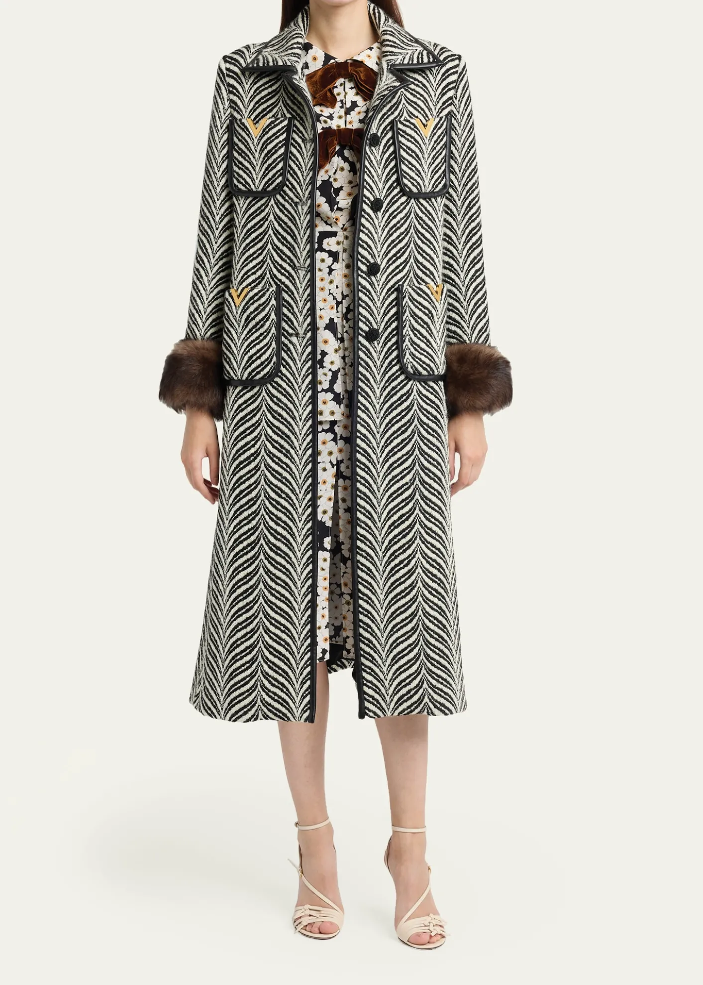 Valentino GaravaniLamb Shearling Cuff Belted Herringbone Coat