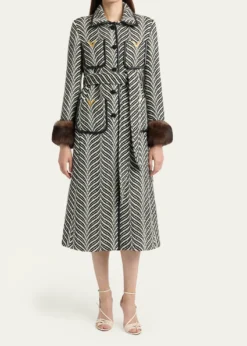 Valentino GaravaniLamb Shearling Cuff Belted Herringbone Coat