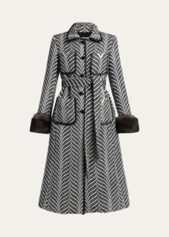Valentino GaravaniLamb Shearling Cuff Belted Herringbone Coat