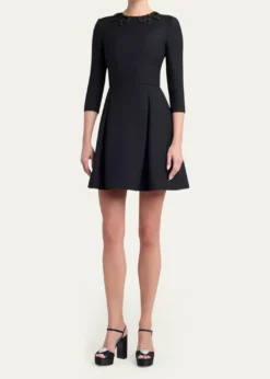 Valentino GaravaniLong-Sleeve Embroidered Bow Mini Dress
