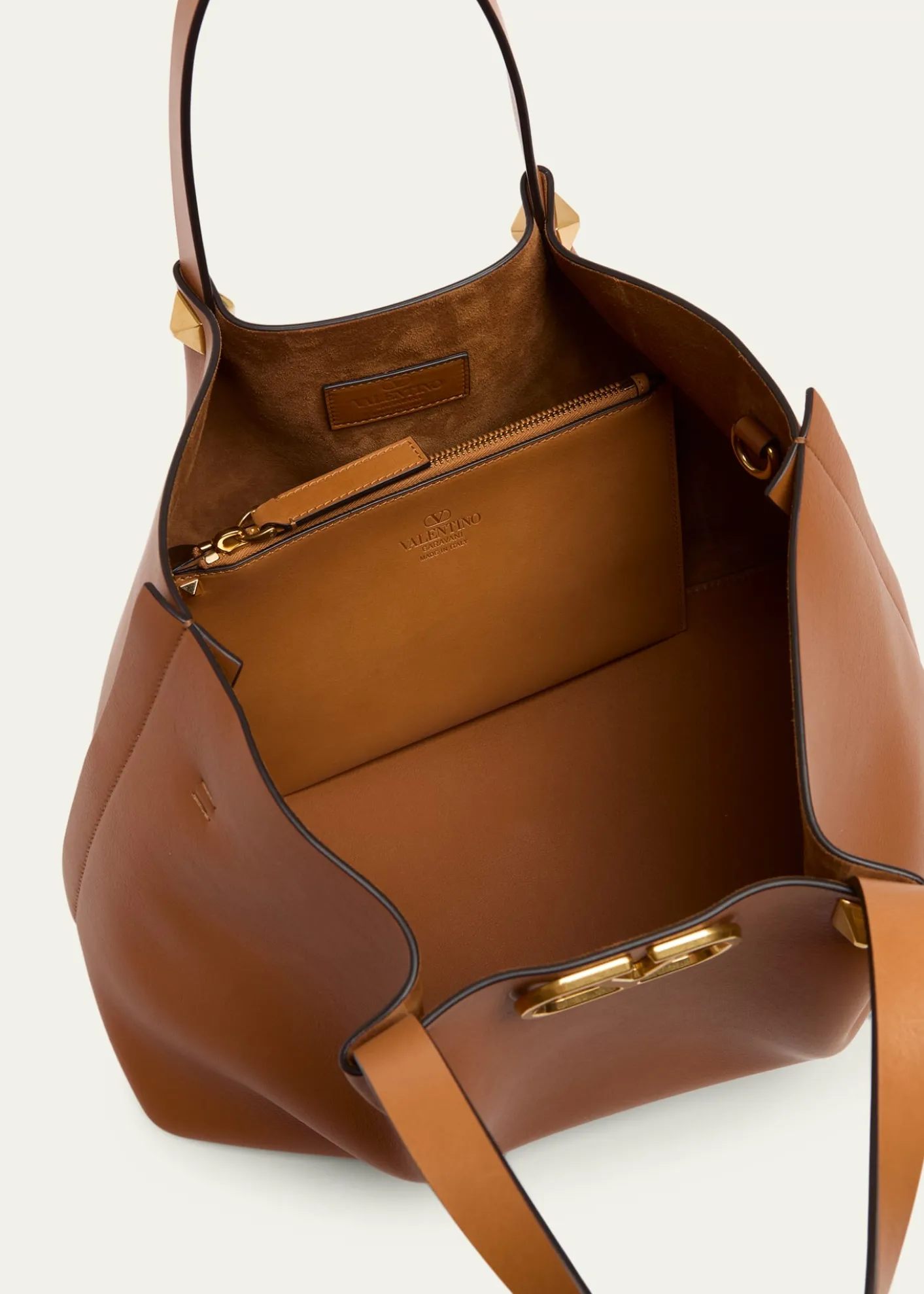 Valentino GaravaniMedium Pleated Rockstud Leather Tote Bag
