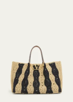 Valentino GaravaniMedium Wavy Striped Viscose Raffia Tote Bag