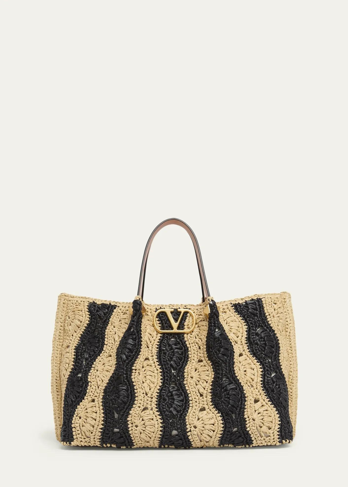 Valentino GaravaniMedium Wavy Striped Viscose Raffia Tote Bag