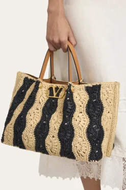 Valentino GaravaniMedium Wavy Striped Viscose Raffia Tote Bag