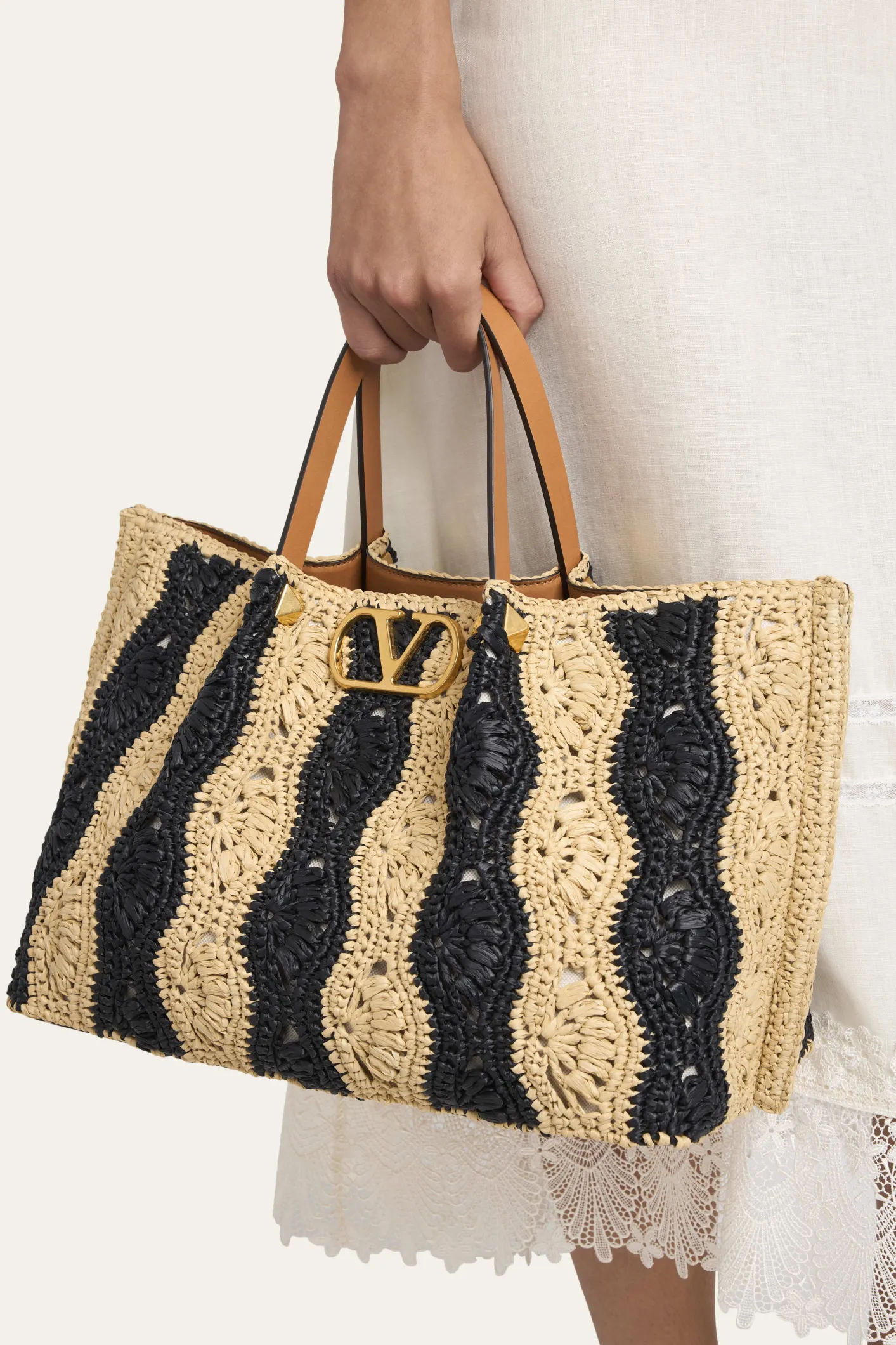 Valentino GaravaniMedium Wavy Striped Viscose Raffia Tote Bag