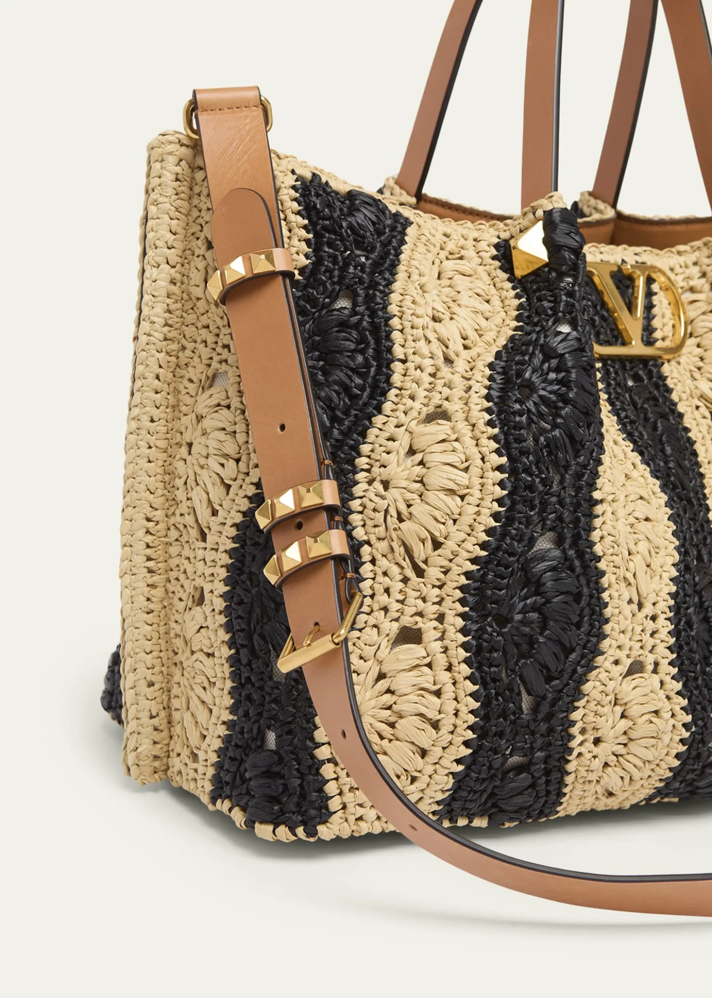 Valentino GaravaniMedium Wavy Striped Viscose Raffia Tote Bag