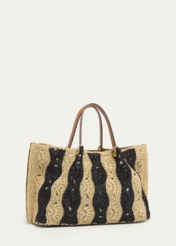 Valentino GaravaniMedium Wavy Striped Viscose Raffia Tote Bag