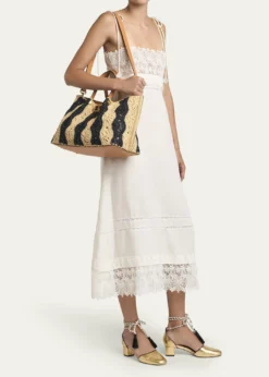 Valentino GaravaniMedium Wavy Striped Viscose Raffia Tote Bag