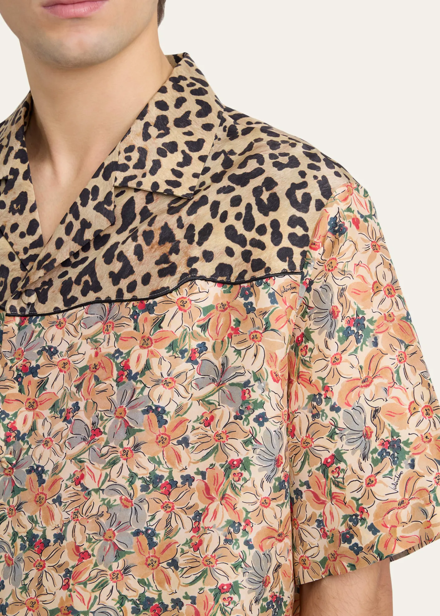Valentino GaravaniMen's Leopard Floral Silk Camp Shirt