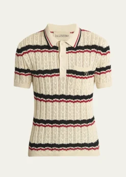 Valentino GaravaniMen's Stripe Cotton Eyelet VLogo-Pocket Polo Shirt