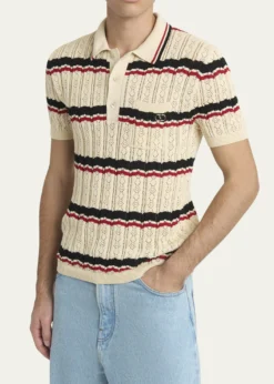Valentino GaravaniMen's Stripe Cotton Eyelet VLogo-Pocket Polo Shirt