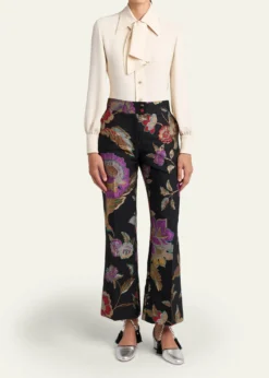 Valentino GaravaniMetallic Floral Jacquard Flare Ankle Pants