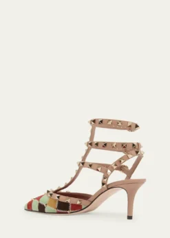 Valentino Garavani100mm Rockstud Patchwork Suede Ankle-Strap Pumps