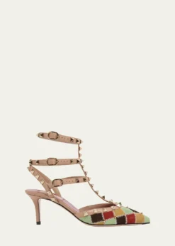 Valentino Garavani100mm Rockstud Patchwork Suede Ankle-Strap Pumps