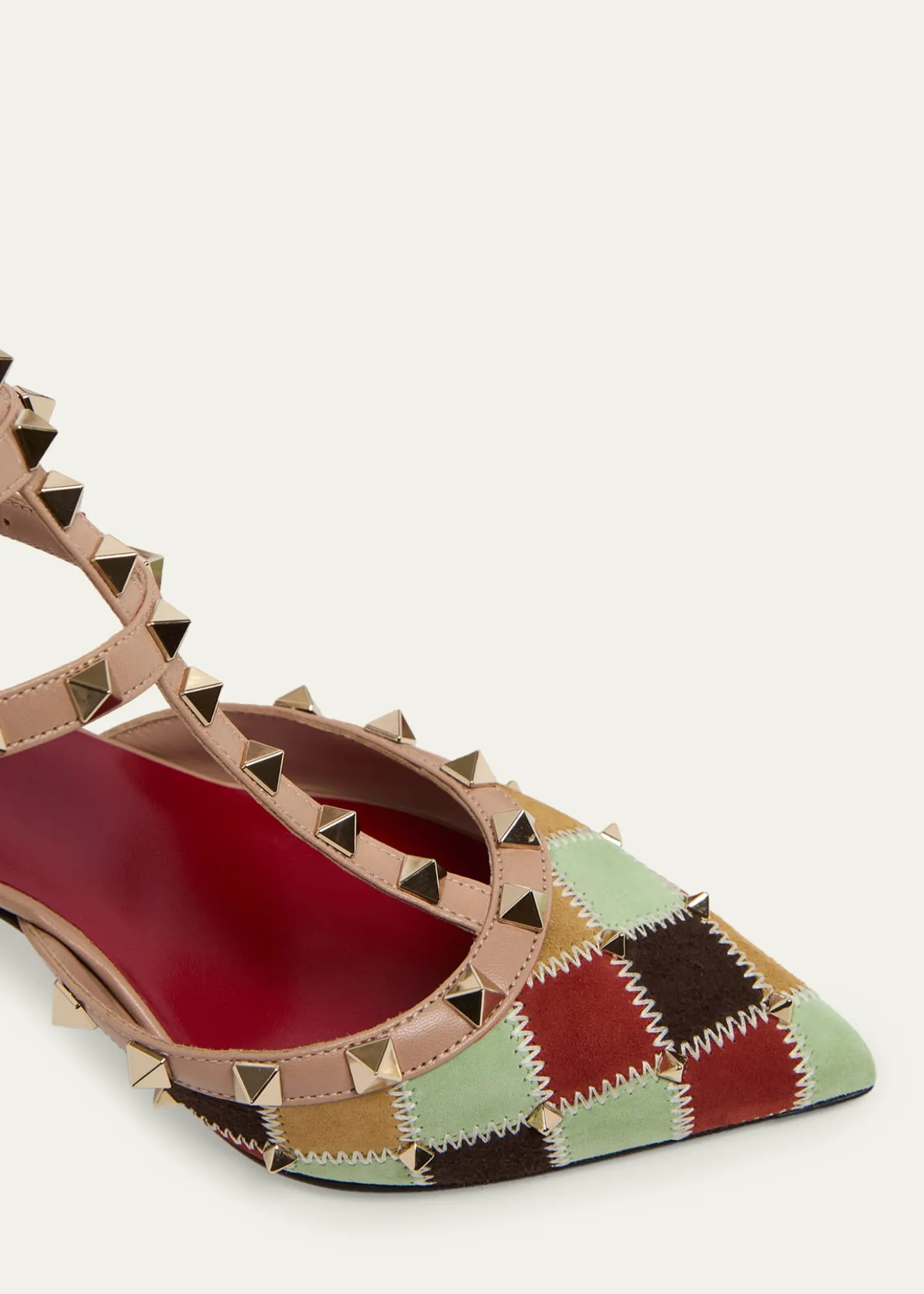 Valentino Garavani100mm Rockstud Patchwork Suede Ankle-Strap Pumps