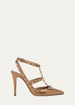 Valentino Garavani100mm Rockstud Metallic Leather Ankle-Strap Pumps