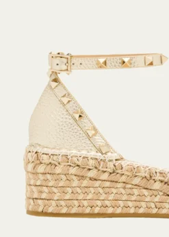Valentino Garavani55mm Rockstud Metallic Leather Wedge Espadrille Sandals
