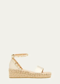 Valentino Garavani55mm Rockstud Metallic Leather Wedge Espadrille Sandals