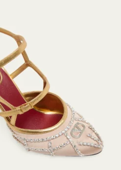 Valentino Garavani100mm VLogo Embellished Satin and Metallic Leather Pumps