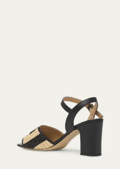 Valentino Garavani75mm VLogo Leather and Striped Raffia Ankle-Strap Sandals