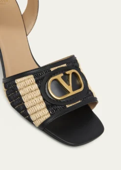 Valentino Garavani75mm VLogo Leather and Striped Raffia Ankle-Strap Sandals