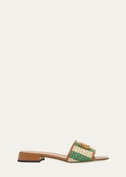 Valentino Garavani20mm VLogo Leather and Striped Raffia Mule Sandals