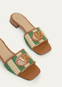 Valentino Garavani20mm VLogo Leather and Striped Raffia Mule Sandals