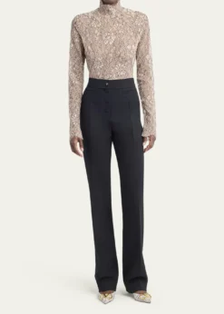 Valentino GaravaniMock-Neck Lace Jersey Long-Sleeve Bodysuit