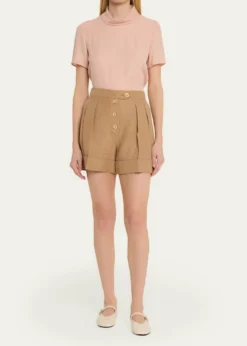 Valentino GaravaniMock-Neck Short-Sleeve Silk Top