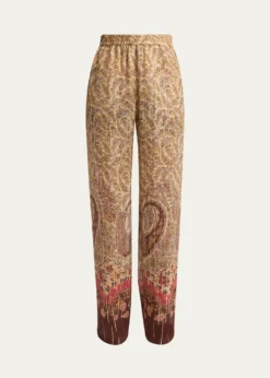 Valentino GaravaniPaisley Metallic Silk Straight-Leg Pull-On Pants