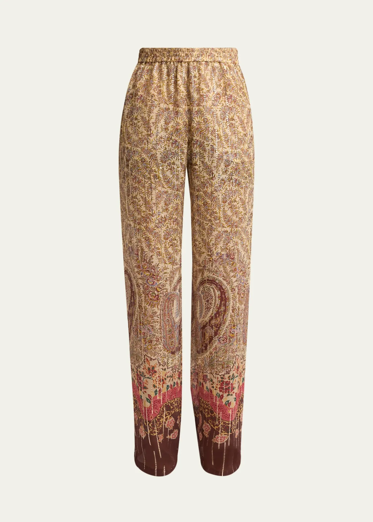 Valentino GaravaniPaisley Metallic Silk Straight-Leg Pull-On Pants