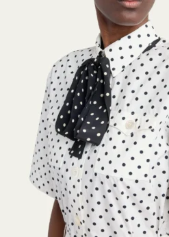 Valentino GaravaniPolkadot-Print Cotton Neck-Scarf Midi Shirtdress