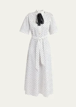 Valentino GaravaniPolkadot-Print Cotton Neck-Scarf Midi Shirtdress
