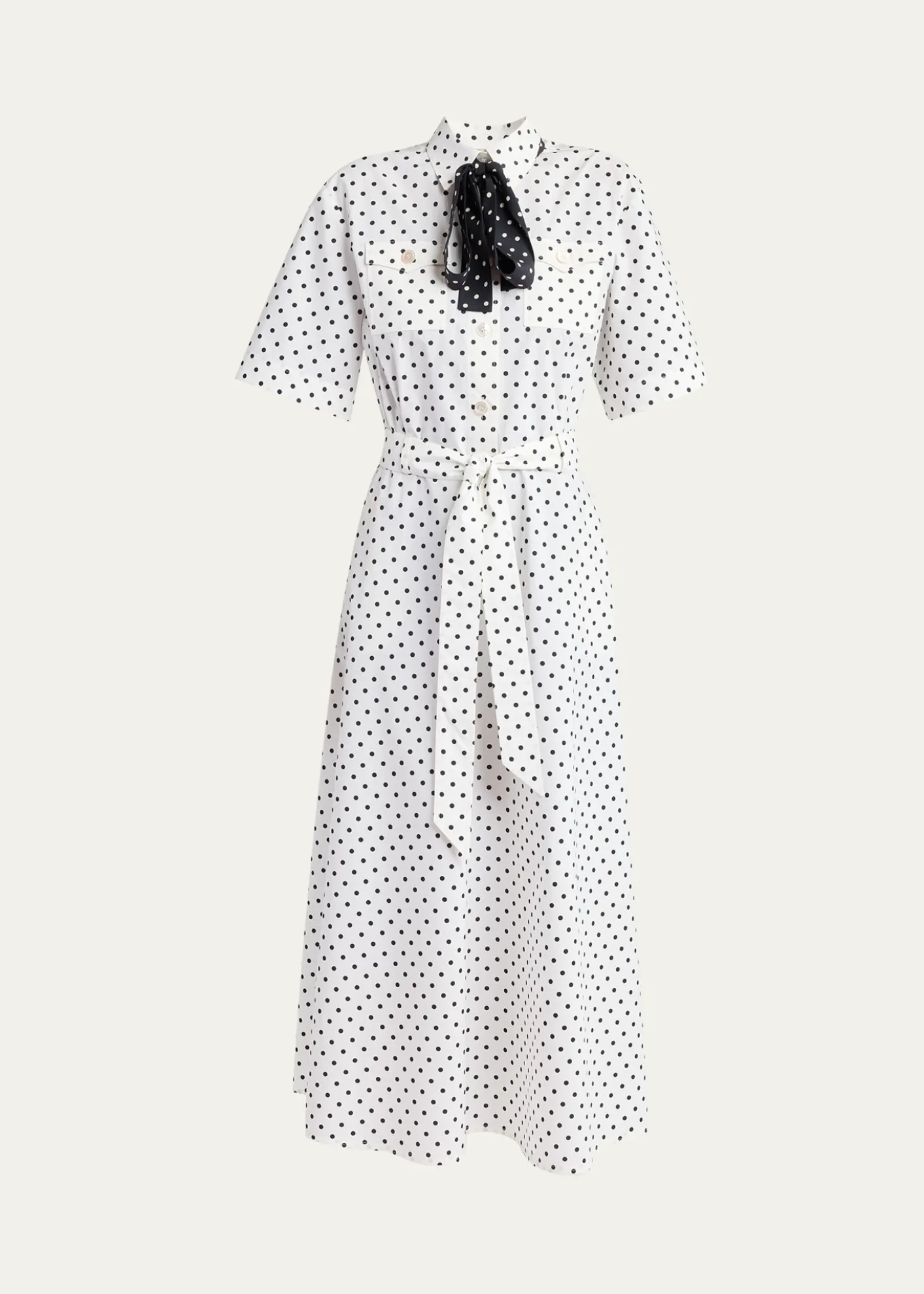 Valentino GaravaniPolkadot-Print Cotton Neck-Scarf Midi Shirtdress